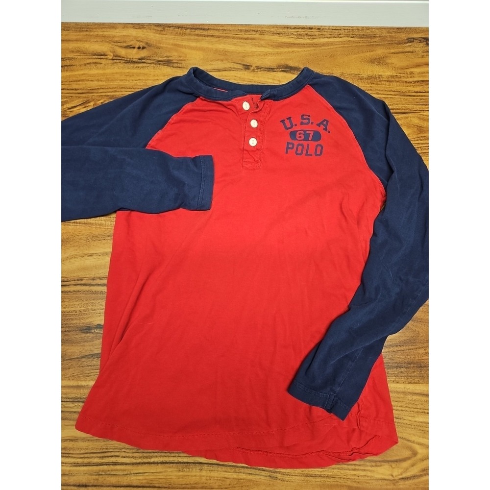 Polo Ralph Lauren Shirt Boy XL Red Blue Henley Button Long Sleeve Cotton Tee USA